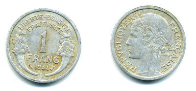 ФРАНЦИЯ 1 ФРАНК 1944 ТИП MORLON, LEGERE KM 885а.1, LE FRANC 221.3 алюминий 45-913
