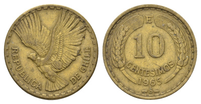 Чили 10 сентесимо 1965 KM 191 алюминиевая бронза 4688-311