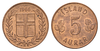 Исландия 5 эйре 1966 KM 9 бронза UNC 4691-344