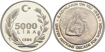 Турция 5000 лир 1984 Международный год женщин KM 969 серебро PROOF 11-267-24