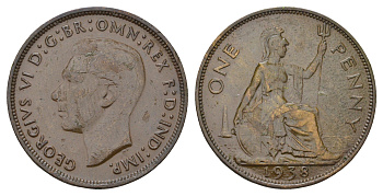 Великобритания 1 пенни 1938 Георг VI (1936-1952) КМ 845, Spink 4114 бронза 4117-925