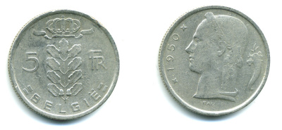 БЕЛЬГИЯ 5 ФРАНКОВ 1950 BELGIE KM 135.1 медно-никель 25-816