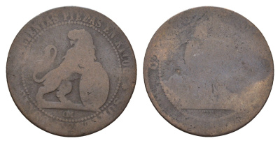 Испания 5 сентимо 1870 ОМ, лев со щитом KM 662 медь 4703-246