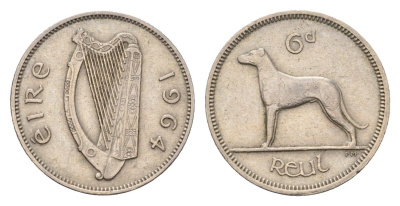 Ирландия 6 пенсов 1964 собака, ирландский волкодав KM 13a медно-никель 4687-937