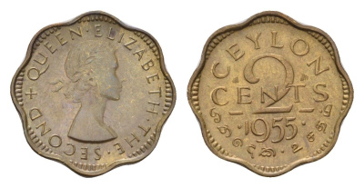 Цейлон 2 цента 1955 Елизавета II (1952-2022) KM 124 никель латунь UNC 4528-656