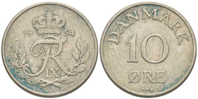 ДАНИЯ 10 ЭРЕ 1954 N; S, ФРЕДЕРИК IX (1947-1972) KM 841.1 медно-никель 4387-659