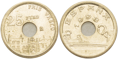 ИСПАНИЯ 25 ПЕСЕТ 1993 СТРАНА БАСКОВ (PAIS VASCO) , ХУАН КАРЛОС I ( 1975-) KM 9 20 никель бронза 216-732