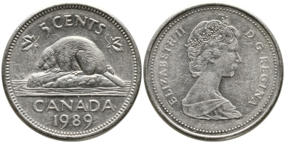 Канада 5 центов 1989 Елизавета II (1952-2022), бобер KM 60.1 никель 4543-636