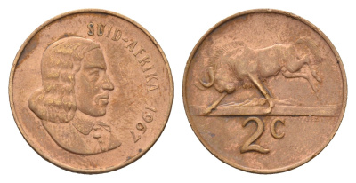 ЮАР 2 цента 1967 Ян ван Рибек (1619-1677), Suid Africa, легенда на африкаанс, антилопа KM 66.2 бронза 4114-627