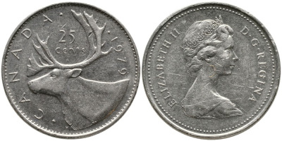 КАНАДА 25 ЦЕНТОВ 1979 ЕЛИЗАВЕТА II (1952-), ОЛЕНЬ, ВТОРОЙ ПОРТРЕТ В КОРОНЕ KM 74 никель 4543-743