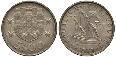 ПОРТУГАЛИЯ 5 ЭСКУДО 1977 ПАРУСНИК KM 591 медно-никель VF 4182-555