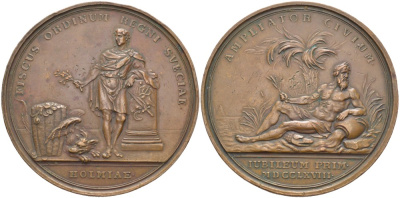Швеция  медаль 1768 финансы, парламент Швеции, Стокгольм, юбилей 1768 года, FISCUS ORDINUM REGNI SVECIAE, HOLMIAE, AMPLIATOR CIVIUM, IUBILEUM PRIM - 1768,  диаметр 63 мм., вес 80,26 гр.  бронза    1089-2-42