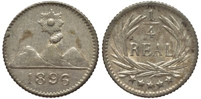 Гватемала 1/4 реала 1896 5 звезд, Испанское правление KM 162 серебро 116-827