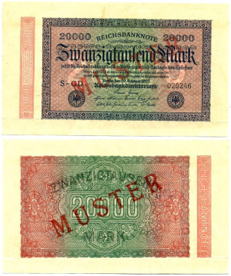 Германия 20000 марок 1923 MUSTER, образец, диагональная красная надпечатка Pick 85, Ros. 84е бумага 451-91-2