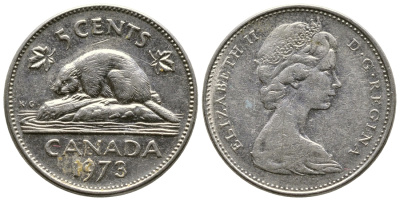 Канада 5 центов 1973 бобр, Елизавета II (1952-) KM 60.1 никель 93-115