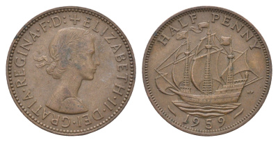 Великобритания 1/2 пенни 1959 Елизавета II (1952-2022) KM 896, Spink 4158 бронза 4662-1152