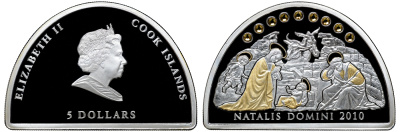 Острова Кука 5 долларов 2010 Natalis Domini, рождение Новой Эры, сцена рождения Христа, кристаллы, позолота KM NEW серебро PROOF 1065-1-43