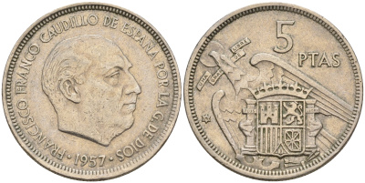 Испания 5 песет 1957 (75) Франсиско Франко (1939-1975) KM 786 медно-никель    4143-216