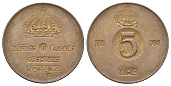 Швеция 5 эре 1962 Густав VI Адольф (1950-1973) KM 822 бронза 4700-735