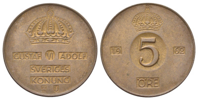 Швеция 5 эре 1962 Густав VI Адольф (1950-1973) KM 822 бронза 4700-735