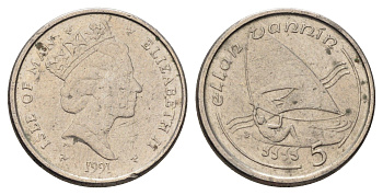 Остров Мэн 5 пенсов 1991 Елизавета II (1952-2022) KM 209.2 медно-никель 4682-459