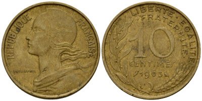 Франция 10 сантимов 1963 тип Marianne KM 929 алюминиевая бронза 4584-322