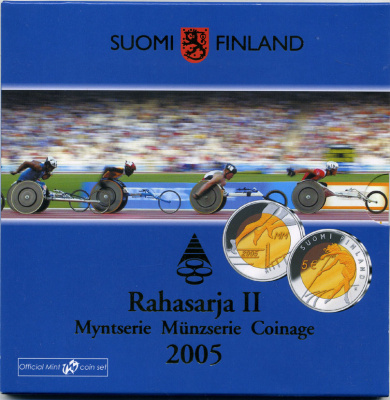 Финляндия евронабор из 8 монет + 5 евро юбилейная 2005 Чемпионат мира по лёгкой атлетике 2005 года в Хельсенки, официальный набор в оригинальном буклете KM MS 74 биметалл  UNC  5-6-1-08