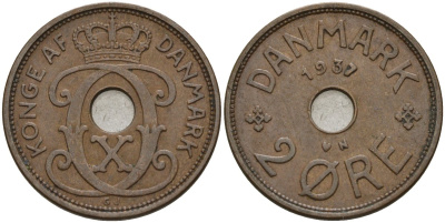 Дания 2 эре 1937 Кристиан X (1912-1947) KM 827 бронза 4147-527