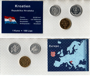 Хорватия набор из 3 монет (1, 2 и 5 лип) 1995, 1999 и 2003 в красочной упаковке с информацией о стране KM 3, 4 и 5 UNC 2-6-3-88