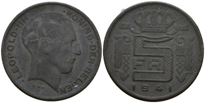 Бельгия 5 франков 1941 Belgen KM 130 цинк 4601-642