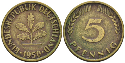 ФРГ 5 ПФЕННИГОВ 1950 J KM 107, J.382 сталь плакированная латунью 75-458