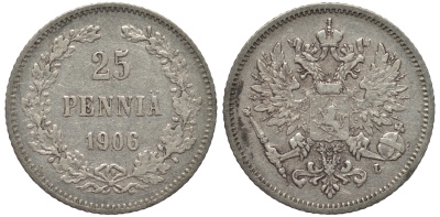 РОССИЯ ДЛЯ ФИНЛЯНДИИ 25 ПЕННИ 1906 L, НИКОЛАЙ II KM 6.2, Биткин 414 серебро 443-835