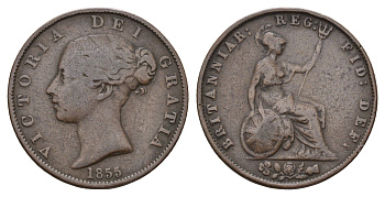 Великобритания 1/2 пенни 1855 Виктория (1837-1901) KM 726, Spink 3949 медь 28-653
