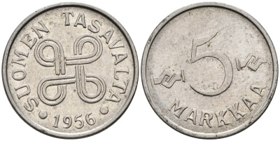 Финляндия 5 марок 1956 KM 37a никелированное железо 4585-927