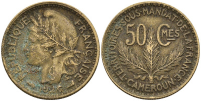 Камерун 50 сантимов 1926 (a), мондвор Париж KM 1 алюминиевая бронза 4164-1259