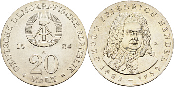 ГДР 20 марок 1984 А, 225 лет со дня смерти Георга Фридриха Генделя (1685-1759) KM 100 серебро UNC 00-000-00
