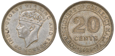 Британская Малайя 20 центов 1939 Георг VI (1937-1952) KM 5 серебро 53-316