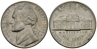 США 5 центов 1996 Джефферсон KM A192 медно-никель 4135-455