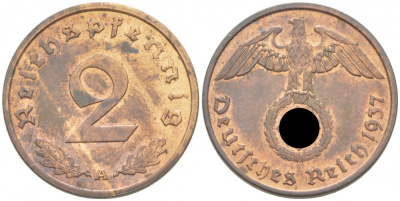 ГЕРМАНИЯ 2 РЕЙХСПФЕННИГА 1937 А KM 90, J. 362 бронза 77-411