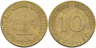 ФРГ 10 ПФЕННИГОВ 1970 J KM 108, J. 383 сталь плакированная латунью 4182-817