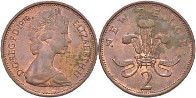 Великобритания 2 пенса 1979 Елизавета II (1952-2022) KM 916, Spink 4235 (C1) бронза 83-616
