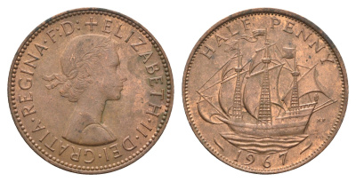 Великобритания 1/2 пенни 1967 Елизавета II (1952-2022) KM 896, Spink 4158 бронза 4663-135