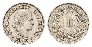 Швейцария 10 раппенов 1942 B KM 27 медно-никель 4708-156