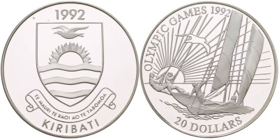 Кирибати 20 долларов 1992 XXV Олимпийские игры в Барселоне 1992 года, регата, яхта KM 17 серебро PROOF 1088-10-63