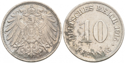 ГЕРМАНИЯ 10 ПФЕННИГОВ 1915 D J. 13, KM 12 медно-никель 73-1621
