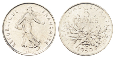 Франция 5 франков 1990 сеятель KM 926a.1, Le Franc 341.22 медно-никель плакированный никелем UNC 4692-1112