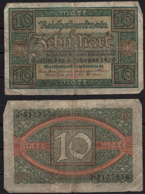 Германия 10 марок 1920 Pick 67a бумага 8602-34-2-1