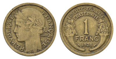 Франция 1 франк 1938 KM 885 алюминиевая бронза 4673-1125