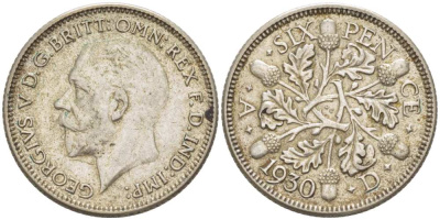 Великобритания 6 пенсов 1930 Георг V (1910-1936) KM 832, Spink 4040 серебро 218-833