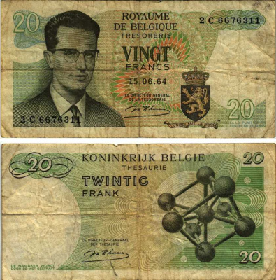 Бельгия 20 франков 1964 Бодуэн I, атомиум, d Haeze Pick 138 (1) бумага 7486-36-1-2